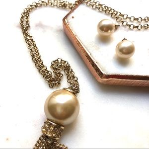 Champagne Faux Pearl Necklace & Earrings